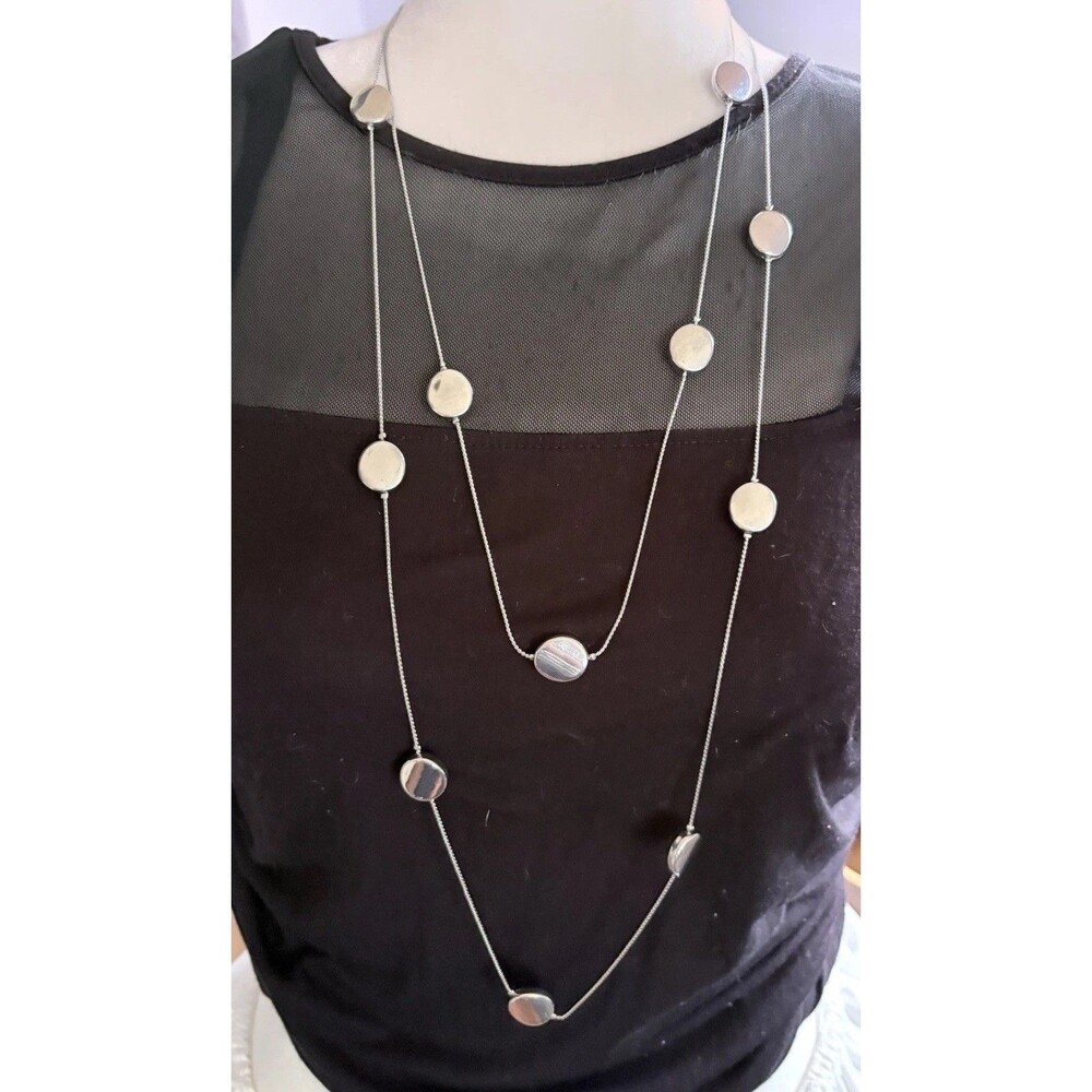 Silver Tone Multi Strand Station Necklace Long Disc Layered Slip On No Clasp